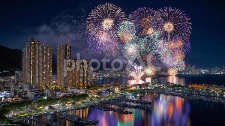 夜景が美しい港町で打ち上がる花火。夏祭り 花火,夏,夜景の写真素材