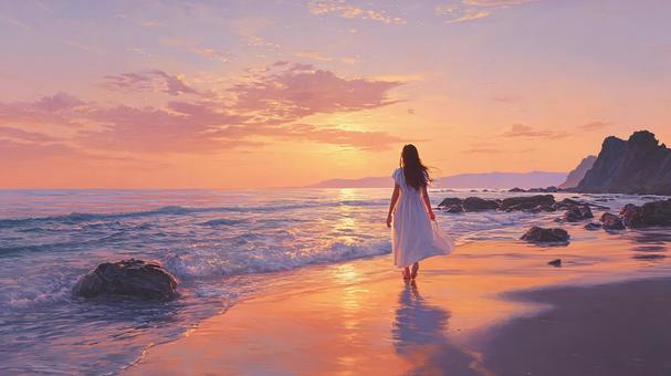 夏の夕暮れ：波打ち際を歩く旅人の写真