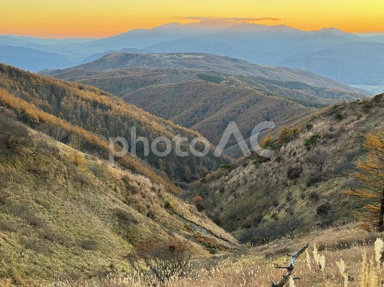 夕暮れの高ボッチ山と中央アルプス 高ボッチ山,夕方,夕暮れの写真素材