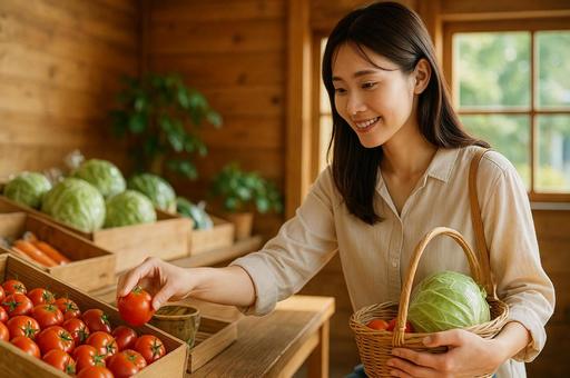 道の駅で野菜を選ぶ女性 道の駅で野菜を選ぶ女性の写真