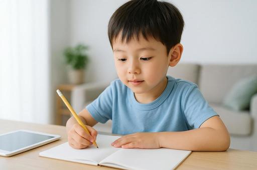 勉強に集中する小学生の男の子 勉強に集中する小学生の男の子の写真