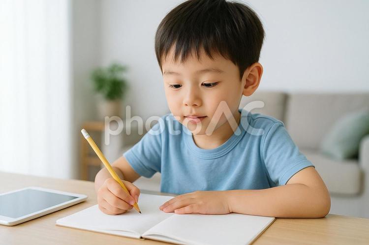 勉強に集中する小学生の男の子 子ども,子供,勉強の写真素材