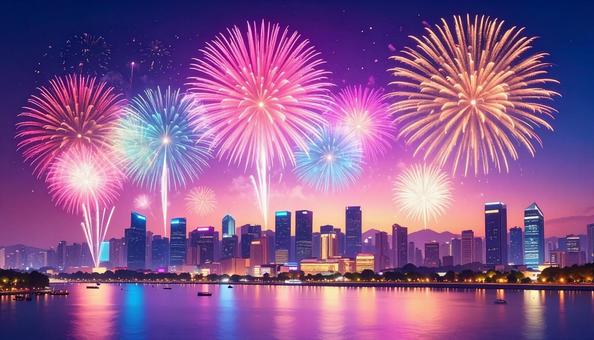 都会のビル群と打ち上げ花火 都会のビル群と打ち上げ花火の写真