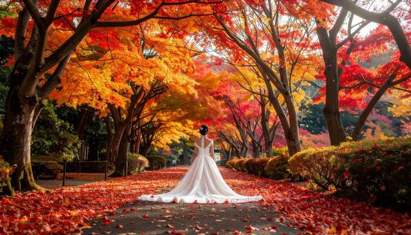紅葉の中のウェデイングドレス姿の花嫁 紅葉の中のウェデイングドレス姿の花嫁の写真