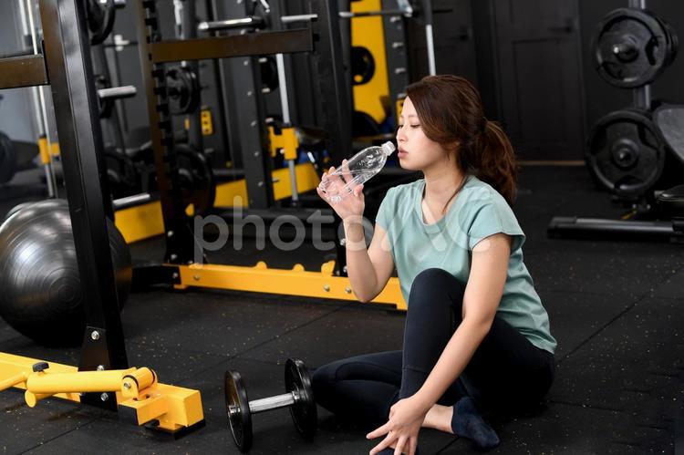 ジムで水を飲むトレーニング中の若い女性 ジム,女性,スポーツの写真素材