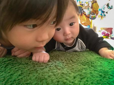 赤ちゃんにハイハイを教えるお兄ちゃん 赤ちゃんにハイハイを教えるお兄ちゃん 赤ちゃん,子供,ベビーの写真素材
