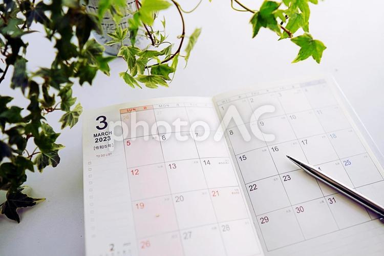 2023年3月の手帳のカレンダーとペン 2023年,2023,3月の写真素材