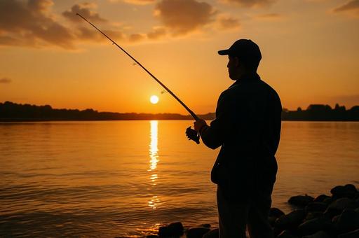 夕焼けの湖畔で釣りをする男性 夕焼けの湖畔で釣りをする男性の写真