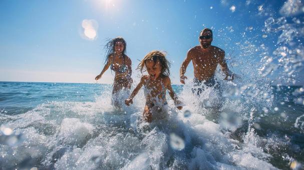 海で遊ぶ笑顔の家族 海で遊ぶ笑顔の家族の写真