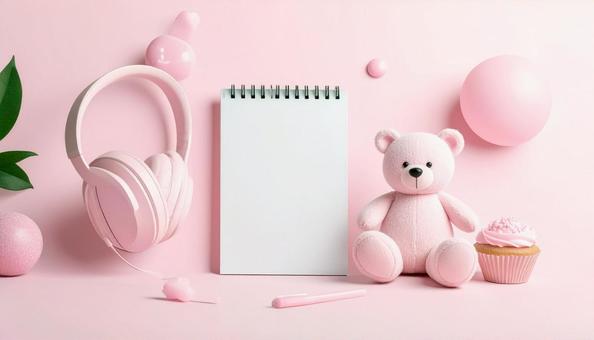 クマのぬいぐるみとヘッドフォン クマのぬいぐるみとヘッドフォンの写真