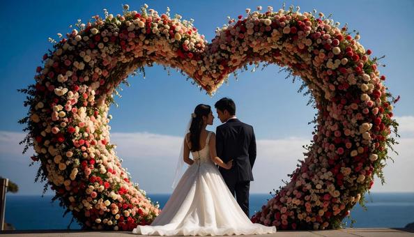 ハート形の花のアーチの前の新郎新婦 ハート形の花のアーチの前の新郎新婦の写真