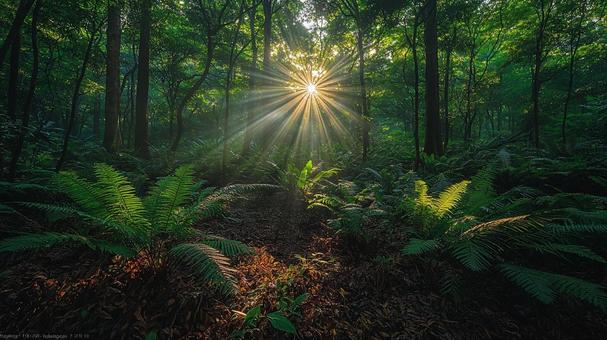 Sunshine filtering through the trees, sunbeams leaves, woods, light, JPG