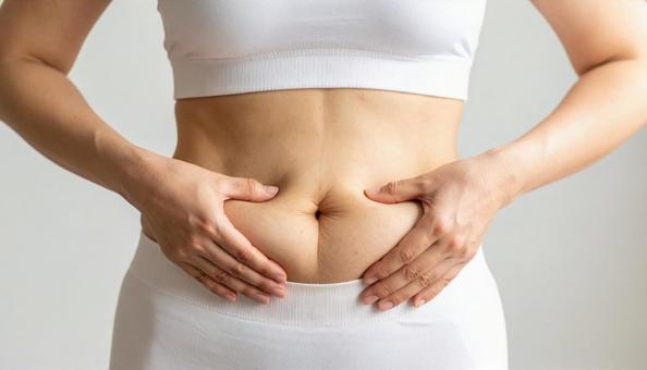 肥満でたるむお腹の贅肉をつまんでいる女性 肥満でたるむお腹の贅肉をつまんでいる女性の写真