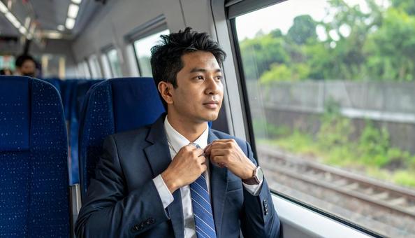 電車内で窓を見ながらネクタイを締める男性 電車内で窓を見ながらネクタイを締める男性の写真