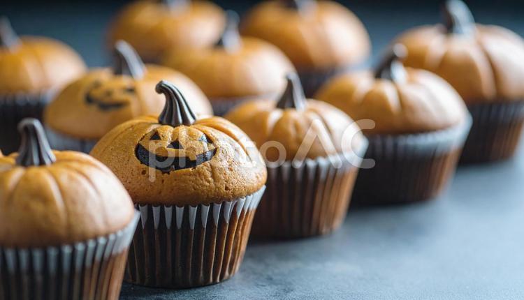 ハロウィンのかぼちゃのカップケーキ カボチャマフィン,マフィン,ハロウィンの写真素材