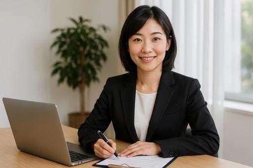 笑顔で書類に記入する女性 笑顔で書類に記入する女性の写真