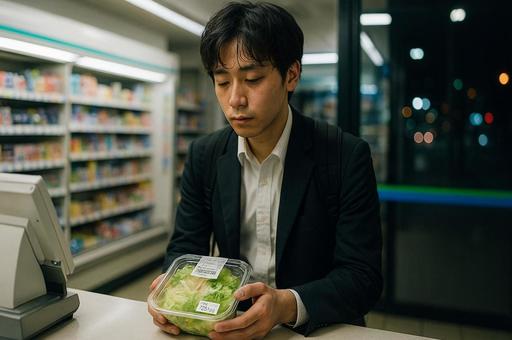コンビニ夜のサラダ購入の写真