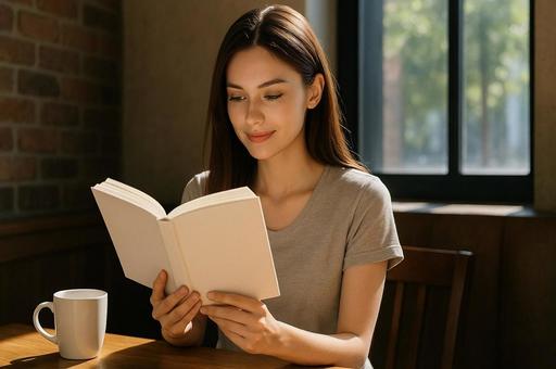 カフェで本を読む女性とリラックスタイムの写真