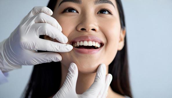 歯医者で患者の歯肉を指で歯肉マッサージの写真