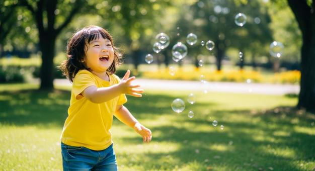 シャボン玉で遊ぶ笑顔の女の子 シャボン玉で遊ぶ笑顔の女の子の写真