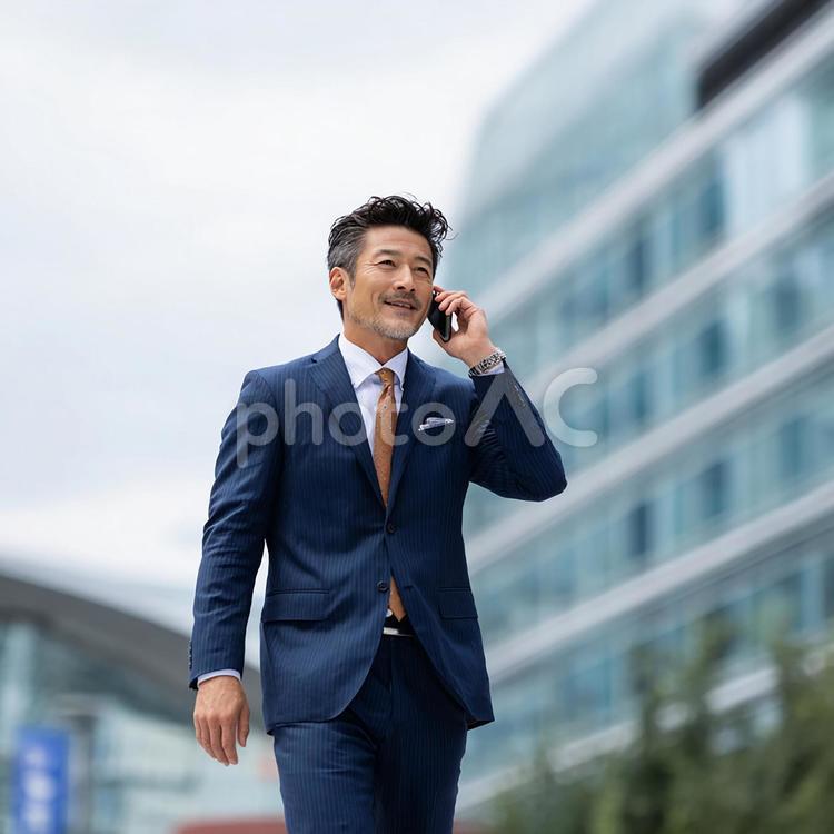 ビジネスシーン：電話中の日本人会社員 日本人,ビジネスマン,男性の写真素材