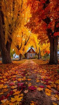 燃えるような紅葉に囲まれた家 燃えるような紅葉に囲まれた家の写真