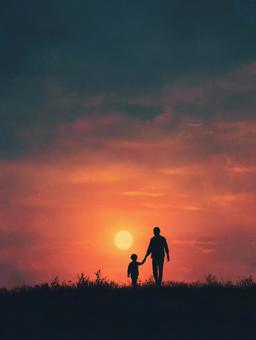 夕焼けの空の下、手をつないで歩く父と子 夕焼けの空の下、手をつないで歩く父と子の写真