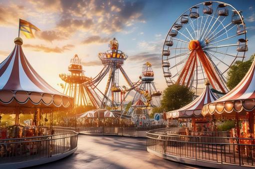夕暮れに照らされる遊園地の風景 夕暮れに照らされる遊園地の風景の写真