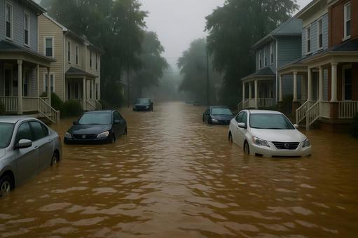 雨中の冠水路地 雨中の冠水路地の写真