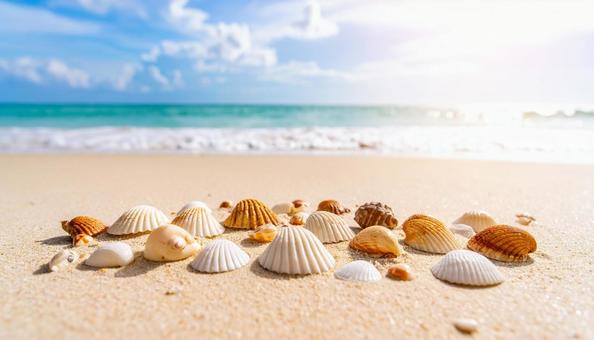 ビーチと貝殻のある風景 夏の海 ビーチと貝殻のある風景 夏の海の写真
