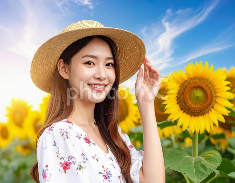 ひまわり・麦わら帽子の彼女 ひまわり,女性,若いの写真素材
