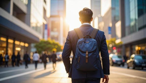 街中を通勤で歩いていくリュック姿の男性 街中を通勤で歩いていくリュック姿の男性の写真