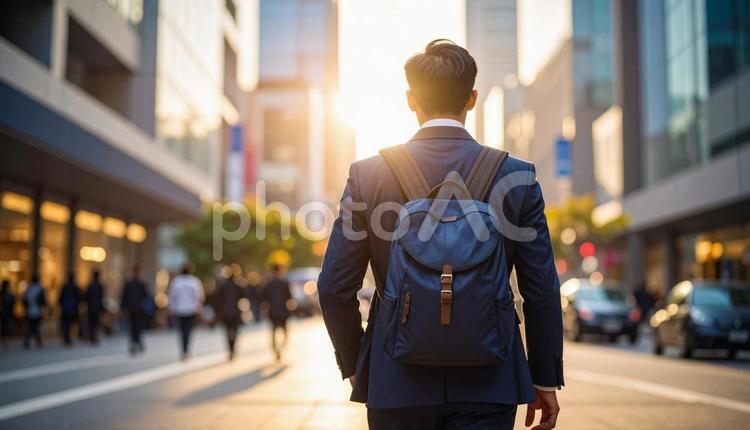 街中を通勤で歩いていくリュック姿の男性 ビジネスマン,男性,スーツの写真素材