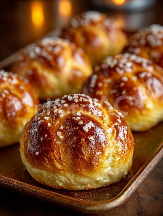焼きたてのプレッツェルバンズが並ぶトレイ プレッツェルバンズ,パン,焼き菓子の写真素材