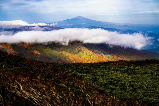 秋色の稜線 雲海に鳥海山を望む 秋田県,栗駒山,秣岳の写真素材