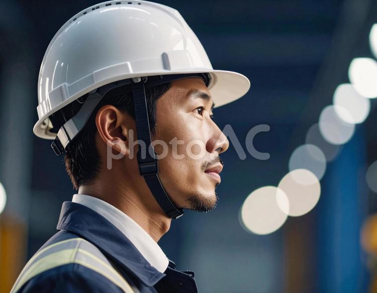 ヘルメットをかぶった作業服の男性の横顔 ヘルメット,作業員,建築士の写真素材