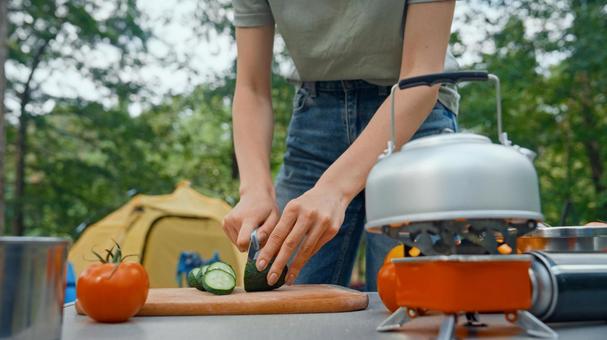 バーナーで調理する手元 野菜,包丁,切るの写真素材