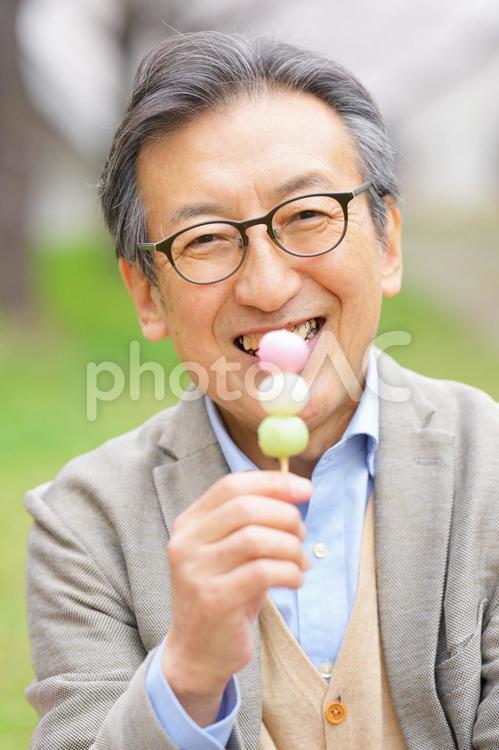 屋外で三色団子を食べる高齢男性 男性,おじいちゃん,1人の写真素材