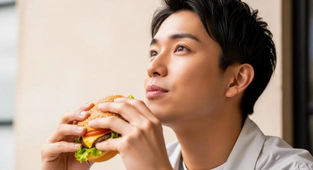ハンバーガーを食べる男性のアップ写真 ハンバーガーを食べる男性のアップ写真の写真