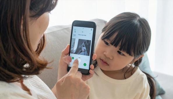 発熱した子供を心配して病院を検索する母 発熱した子供を心配して病院を検索する母の写真