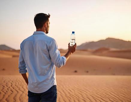 砂漠でペットボトルの水を持つ男性 砂漠でペットボトルの水を持つ男性の写真