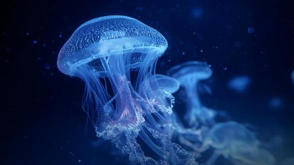 暗い水中を漂う青く光る神秘的なクラゲ 暗い水中を漂う青く光る神秘的なクラゲの写真