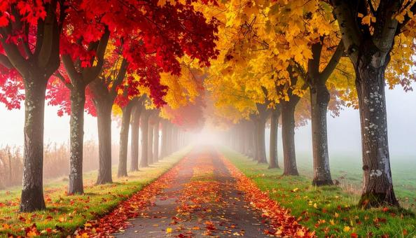 霧に包まれた紅葉並木の小道 霧に包まれた紅葉並木の小道の写真