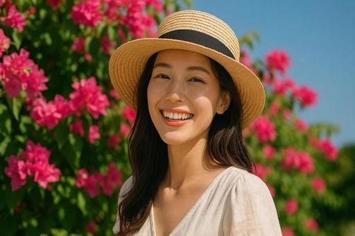 夏・麦わら帽子をかぶった女性とピンクの花の写真