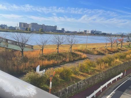 冬晴れの河川敷と対岸の街並み 河川敷,川,河原の写真素材