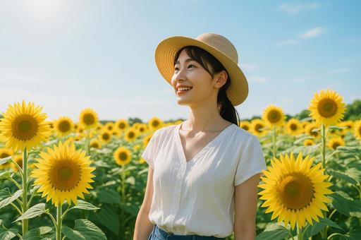 ひまわり畑と麦わら帽子の女性 ひまわり畑と麦わら帽子の女性の写真