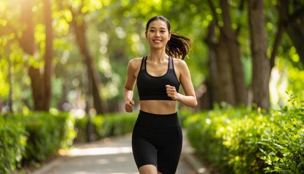 夏の公園でジョギングする若い日本人女性 夏の公園でジョギングする若い日本人女性の写真