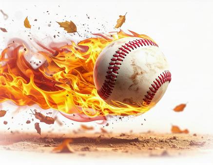 剛速球で炎をまとって飛ぶ野球ボールの写真