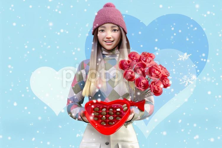 薔薇の花束とチョコを持って告白する女の子 人物,女性,女の子の写真素材