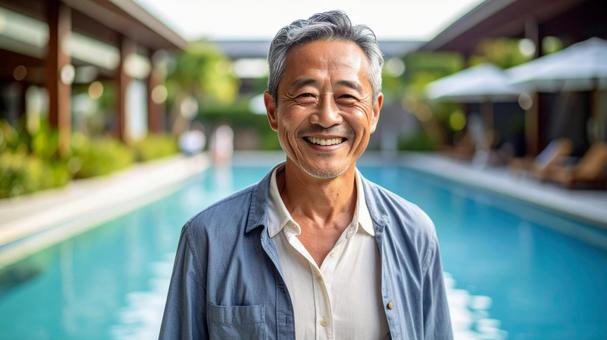 プールサイドで微笑む男性3の写真